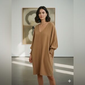 EE:SOME Tan Oversized V Neck Dress With Pockets Made in USA Medium Minimalist
